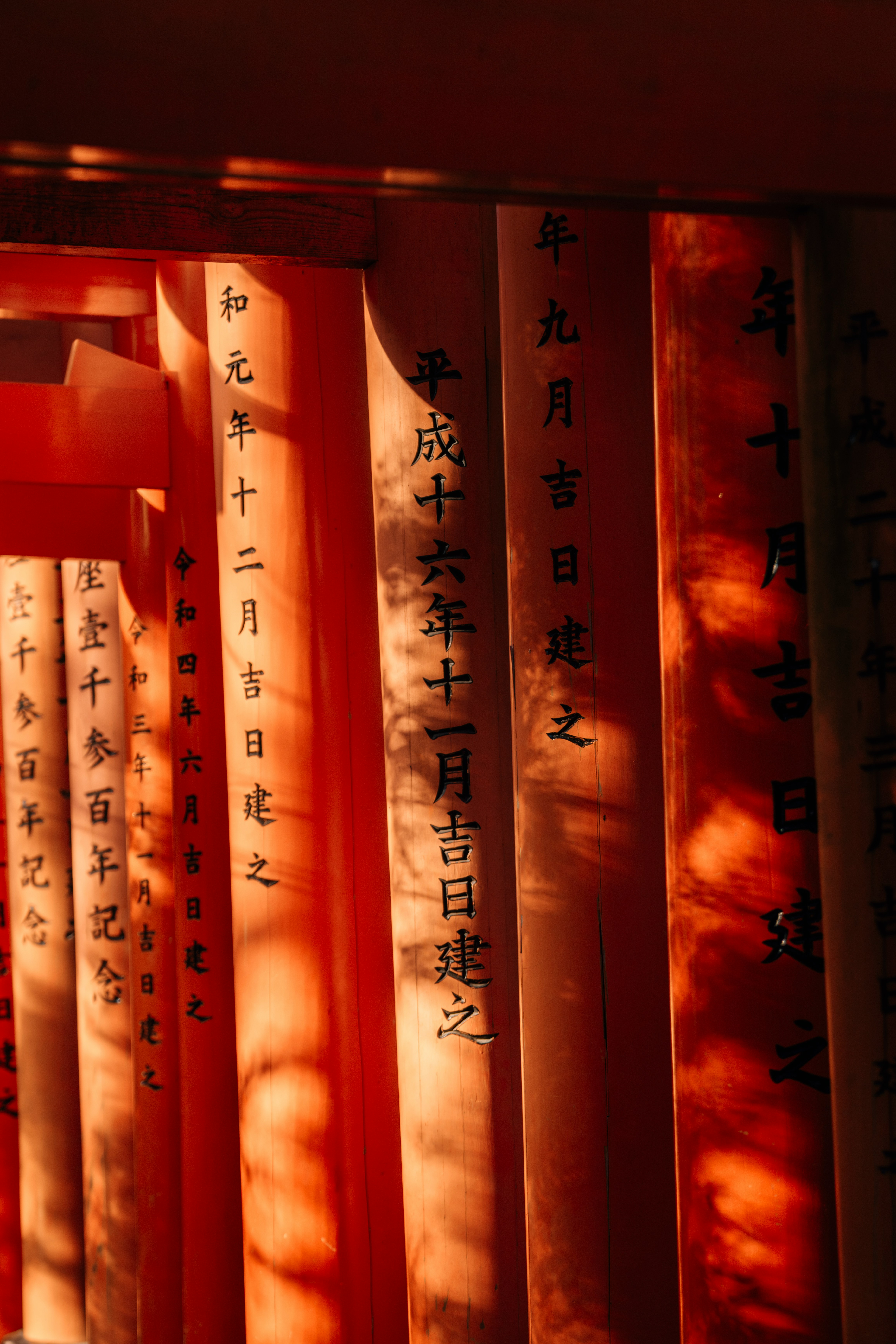 Red torii gates with japanese inscriptions and chinese characters.