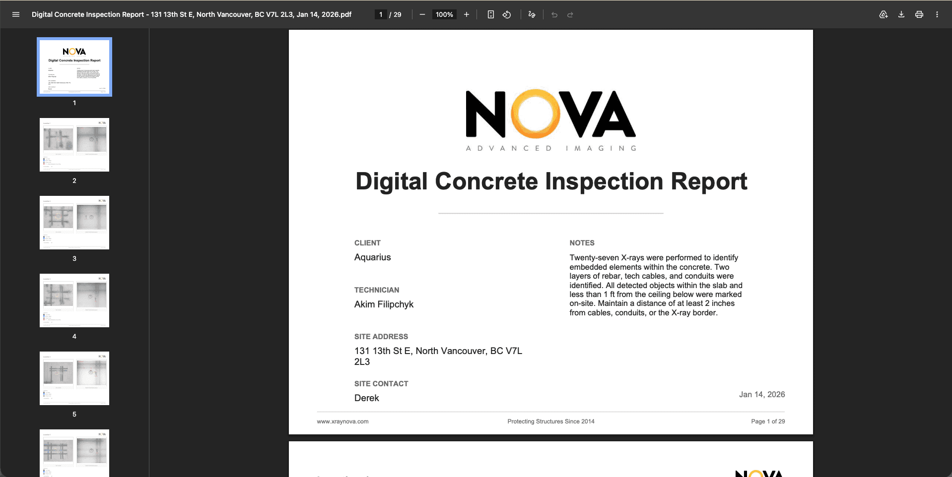 Report after concrete scanning