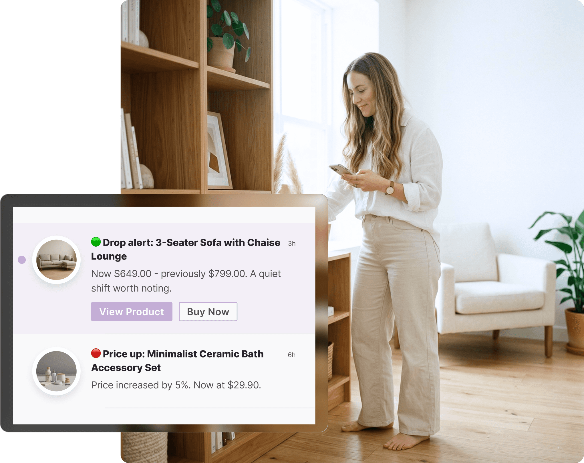 Woman standing barefoot in a bright IKEA-style living room checking her phone, with wooden open shelving and a white sofa behind her, viewing IKEA price change notifications on Whisprice.