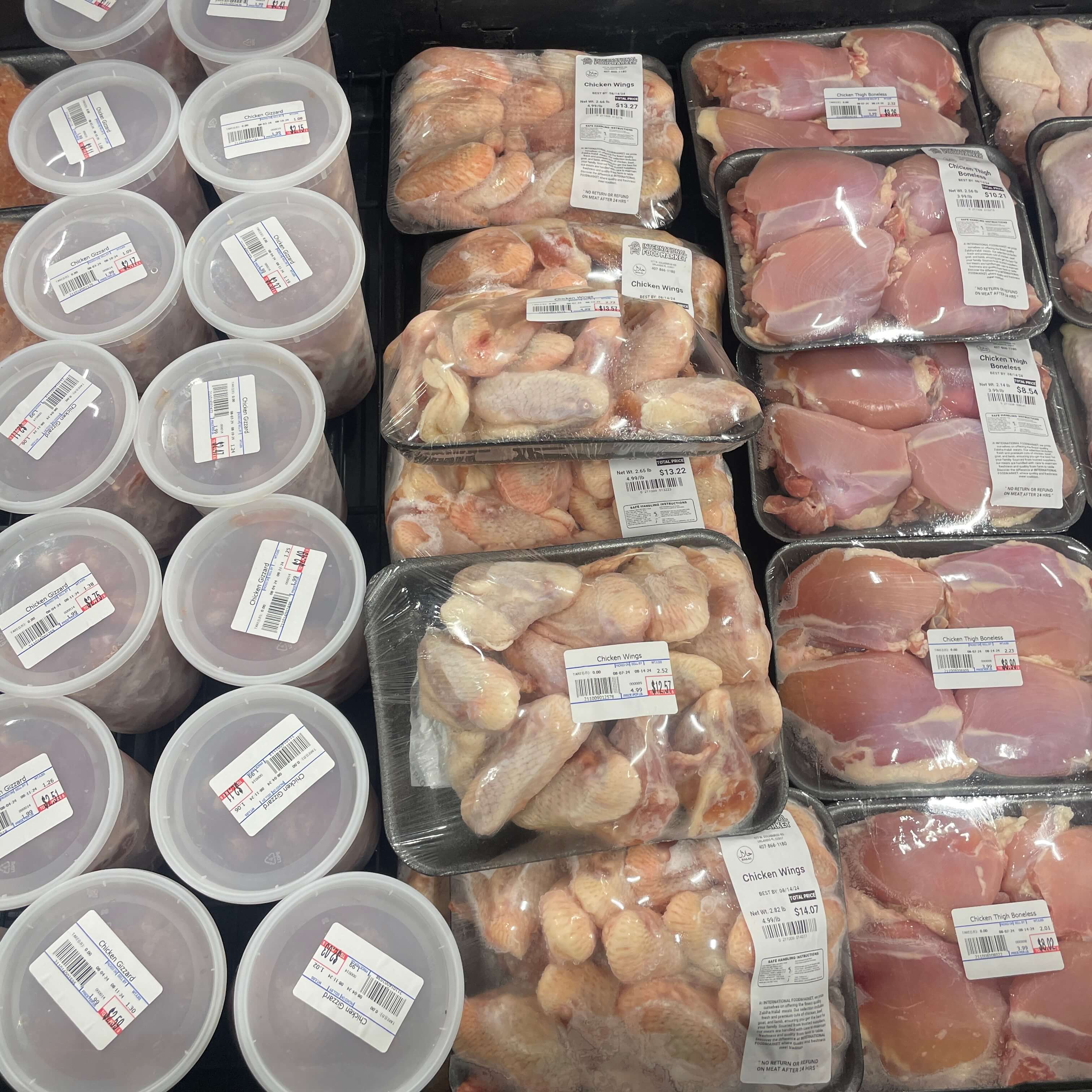 Chicken drumsticks and thighs available in the halal meat section of International Food Market Orlando.