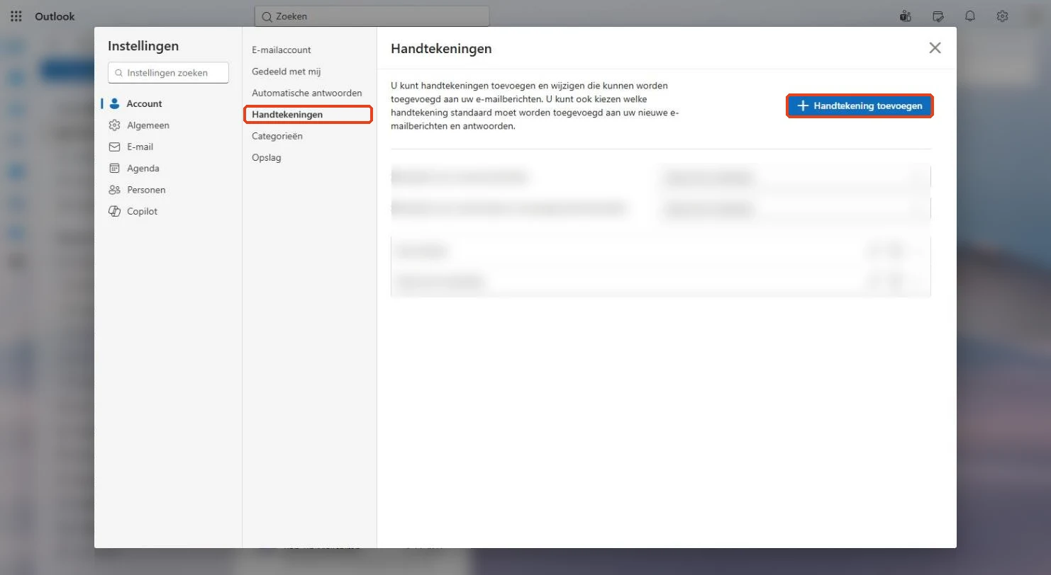 Outlook op het web: Instellingen, Account, Handtekeningen