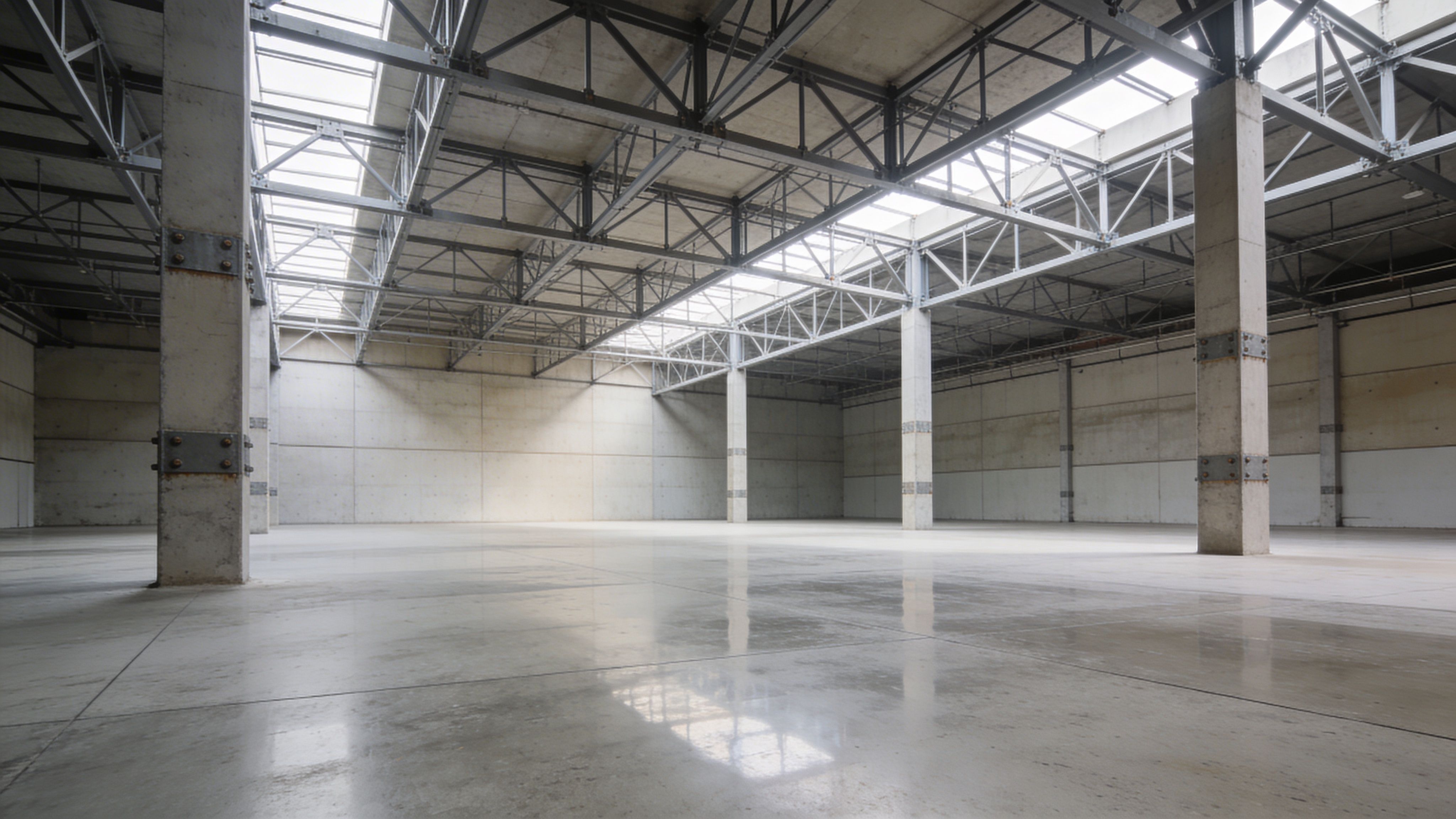 Large empty industrial warehouse with high ceilings, exposed steel trusses, and polished concrete floor