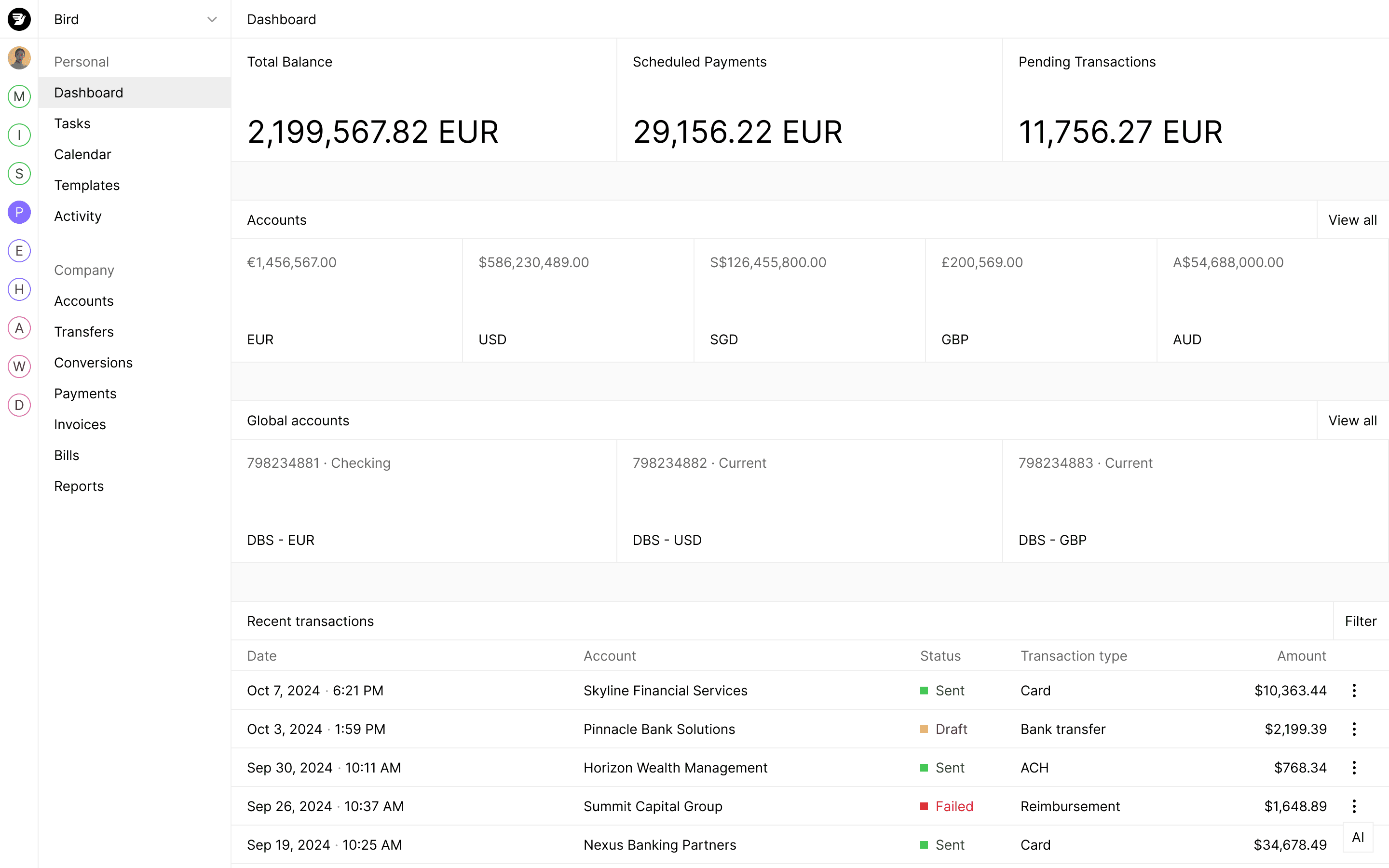 Interfaz del panel financiero que muestra los saldos de las cuentas, las conversiones de moneda y el historial reciente de transacciones