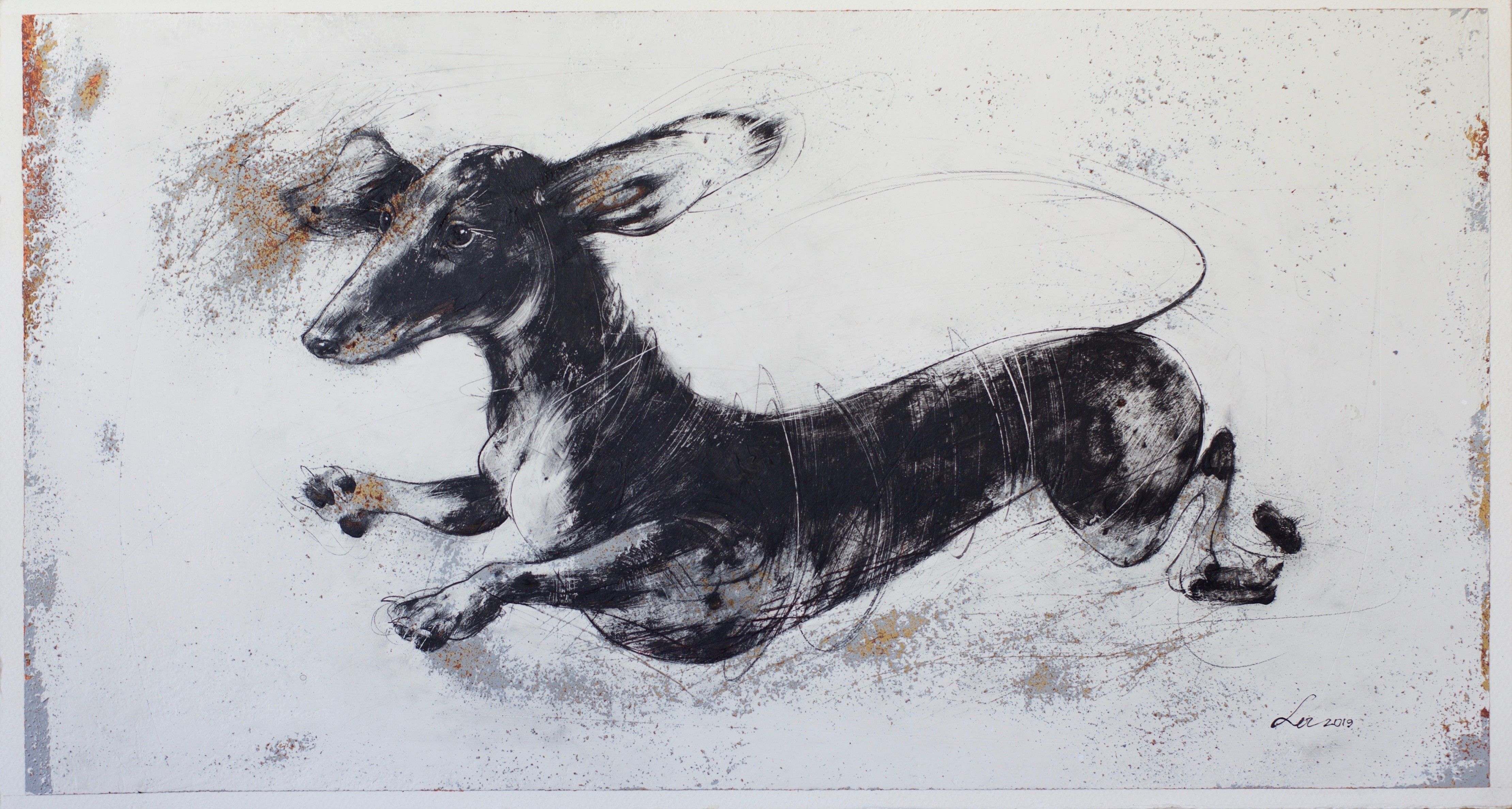 A grayscale sketch depicts a lively, leaping dachshund in motion against a textured white background, with hints of brown and gray brush strokes that add dynamic energy and artistic flair.
