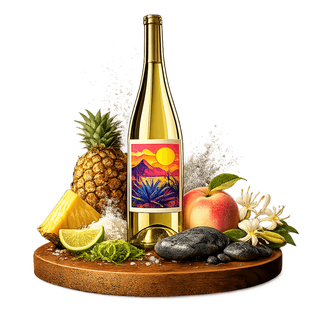 Artistic label and flavor profile for Mexican White Blend on a rustic wooden table.