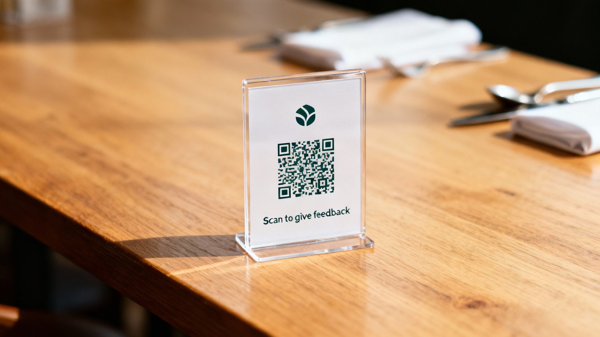 A clear stand with a QR code and 'Scan to give feedback' text on a wooden restaurant table.
