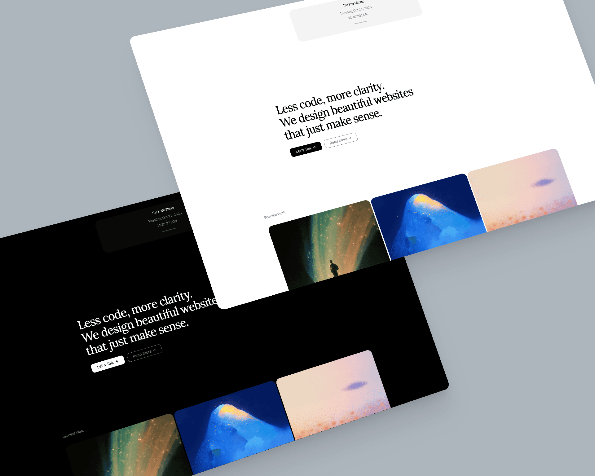 Web page mockup of The Kudo Studio minimalist website design, showcasing clean typography and a no-code web design layout with light and dark modes.