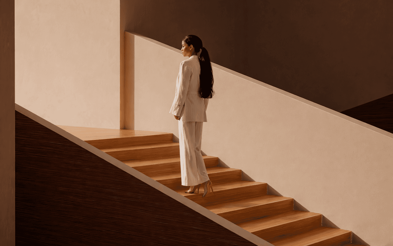 A woman dressed in a white suit walks up a flight of stairs, exuding elegance and determination.