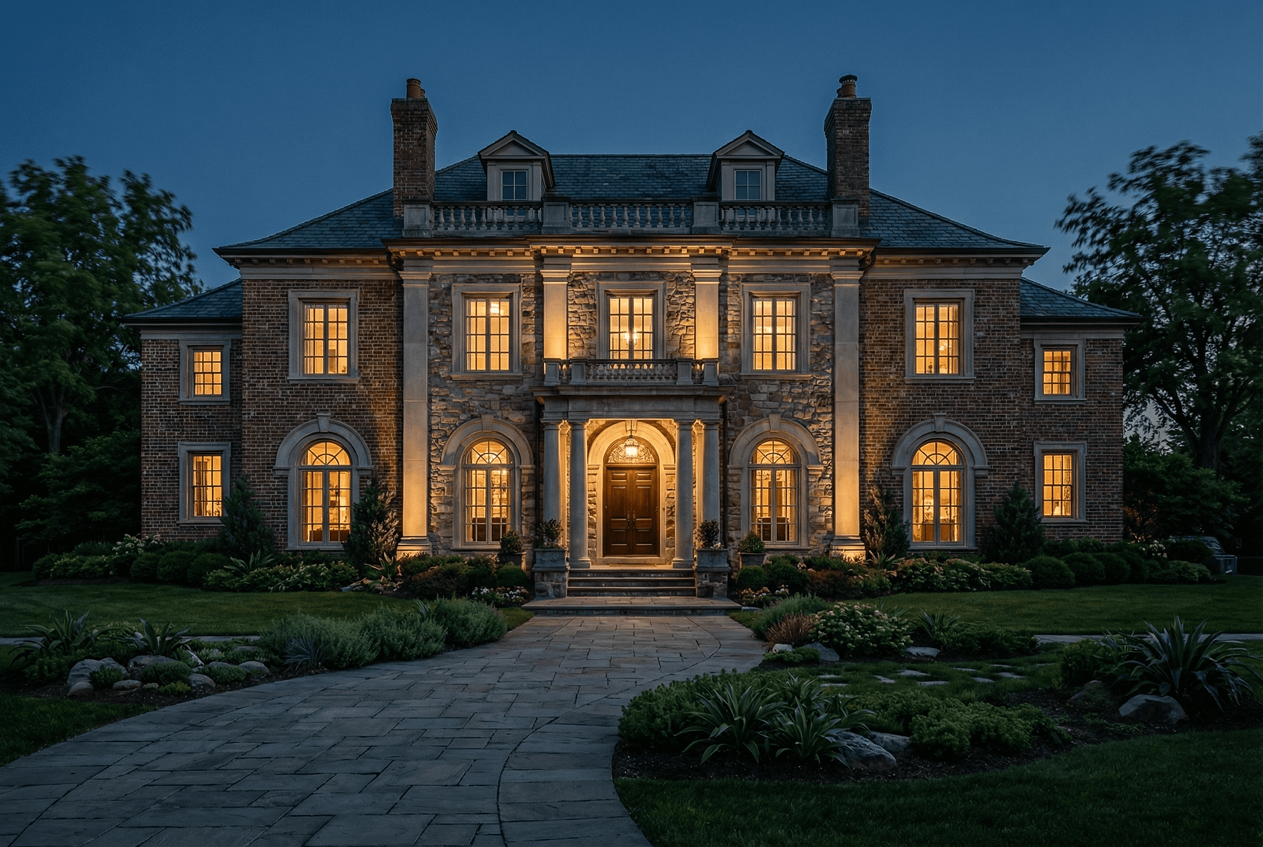 Modern commercial space with a slanted roof, surrounded by greenery and a spacious outdoor area.
