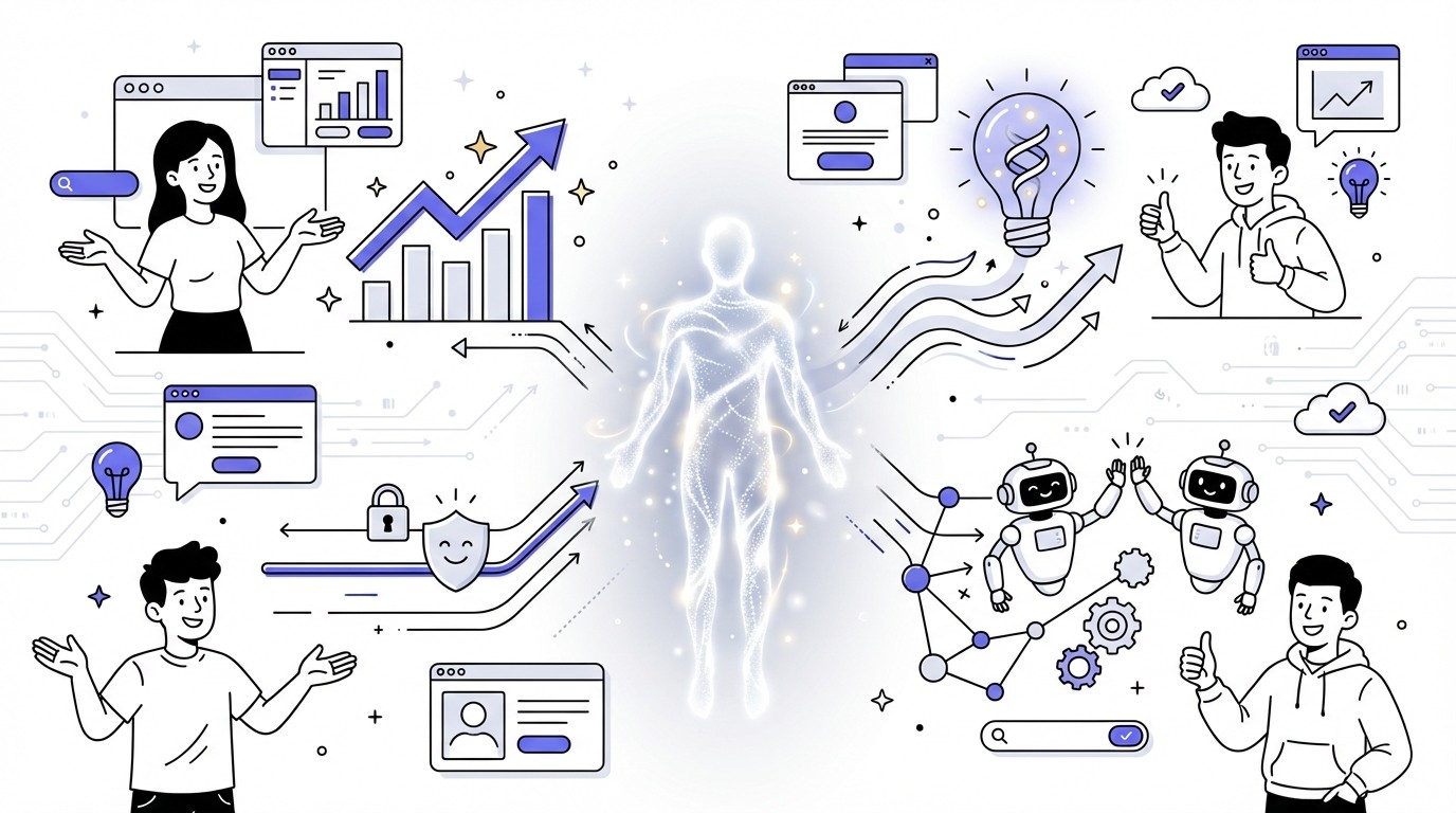 A conceptual illustration showing a glowing, abstract human figure at the center, representing 'Quality of Hire.' From it, multiple upward-trending data streams radiate, symbolizing increased productivity, innovation, reduced turnover, and team synergy, all in a modern tech style.