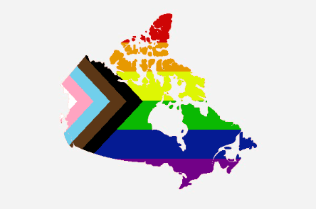 Map of Canada filled with rainbow and pride colors, featuring symbols of LGBTQ+ identities.