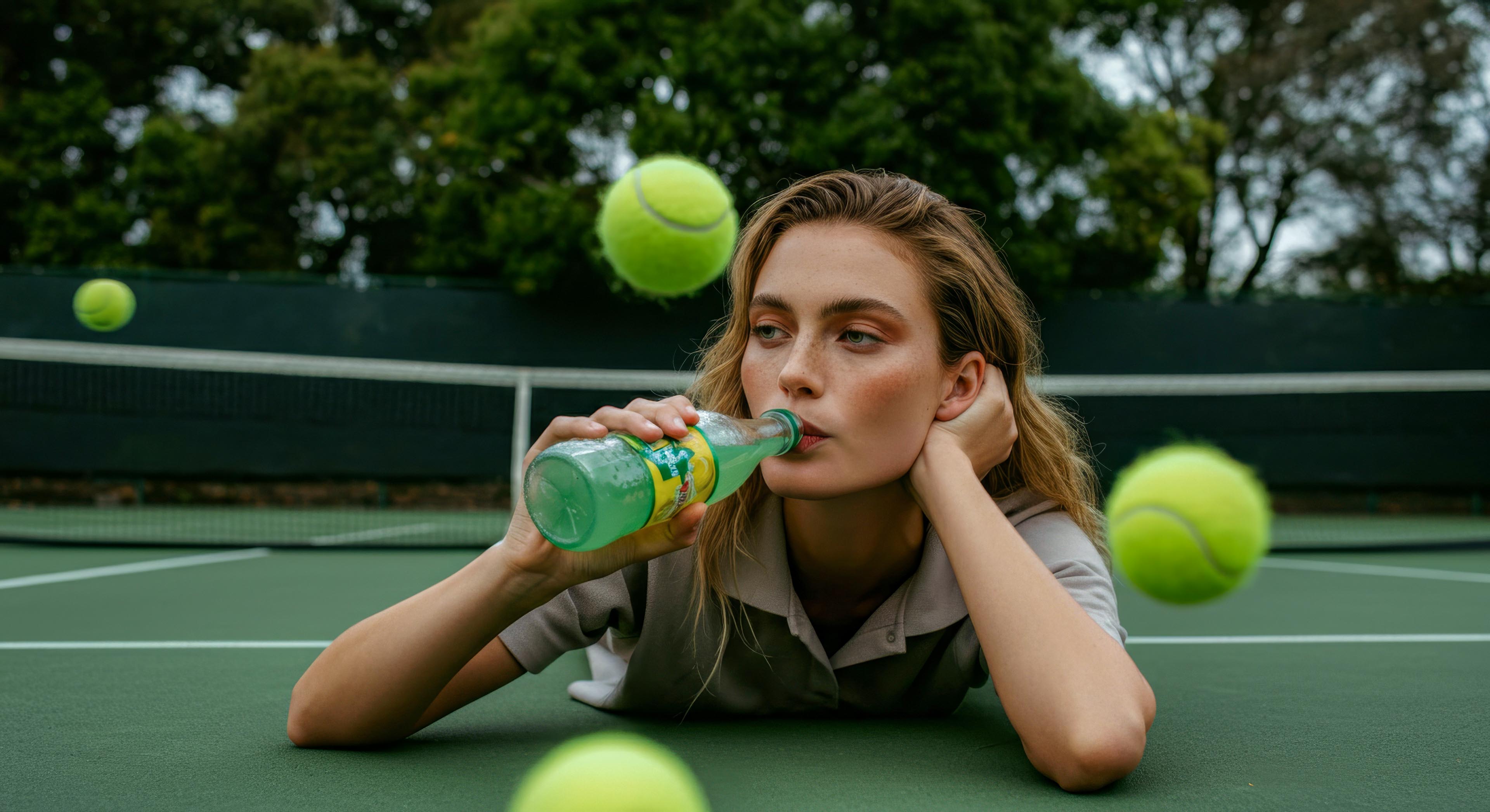 Women drinking from a schweppes bottle laying down on a tennis court