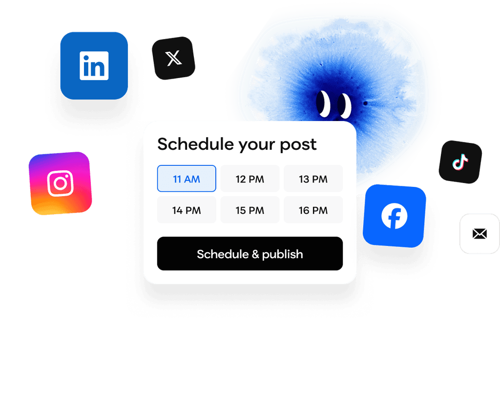 User interface for scheduling social media posts, featuring a central scheduling box surrounded by icons for LinkedIn, Facebook, Instagram, TikTok, and an additional Facebook icon.