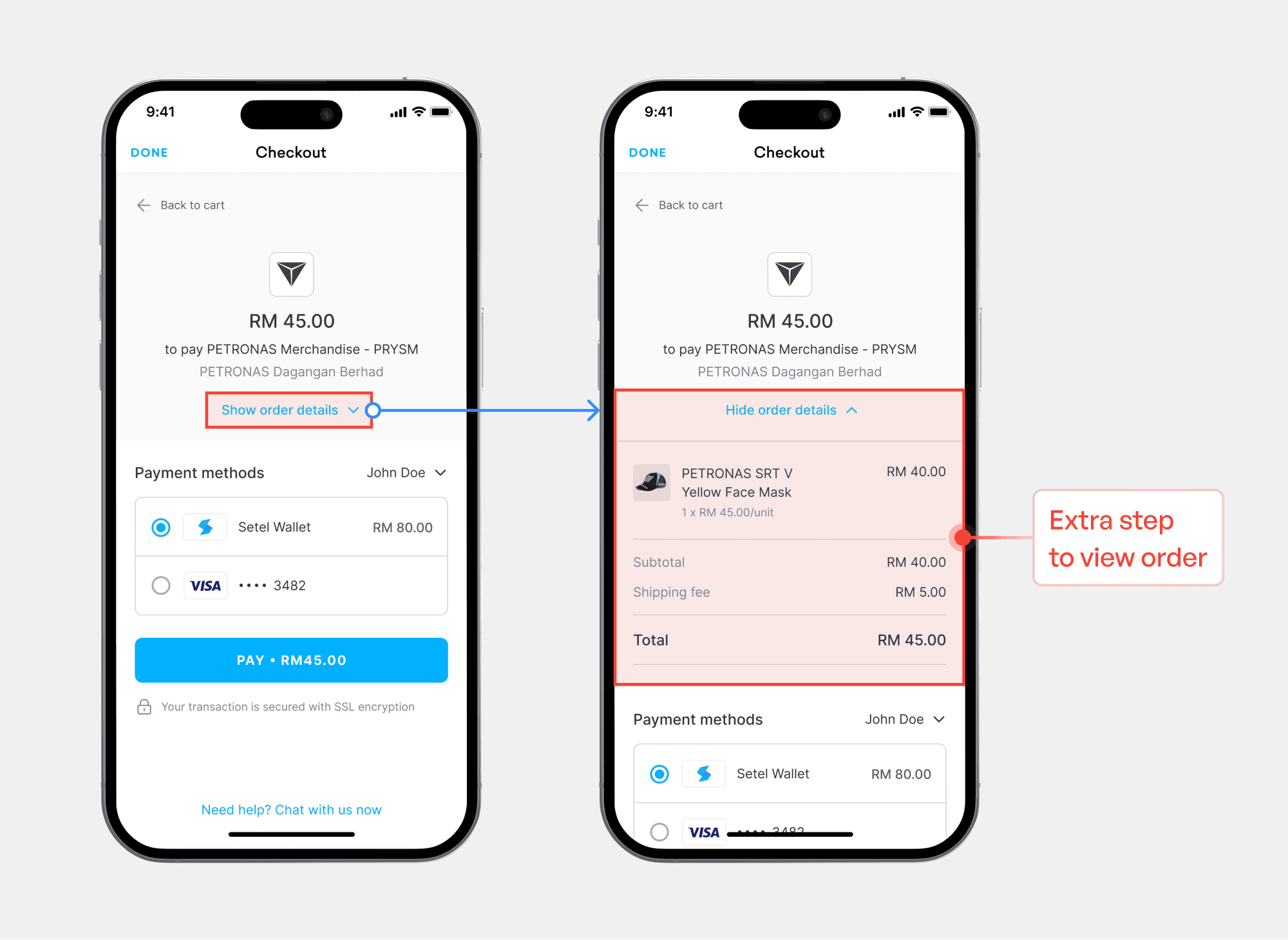 A mobile view that shows clicking on show order details would review customer's order