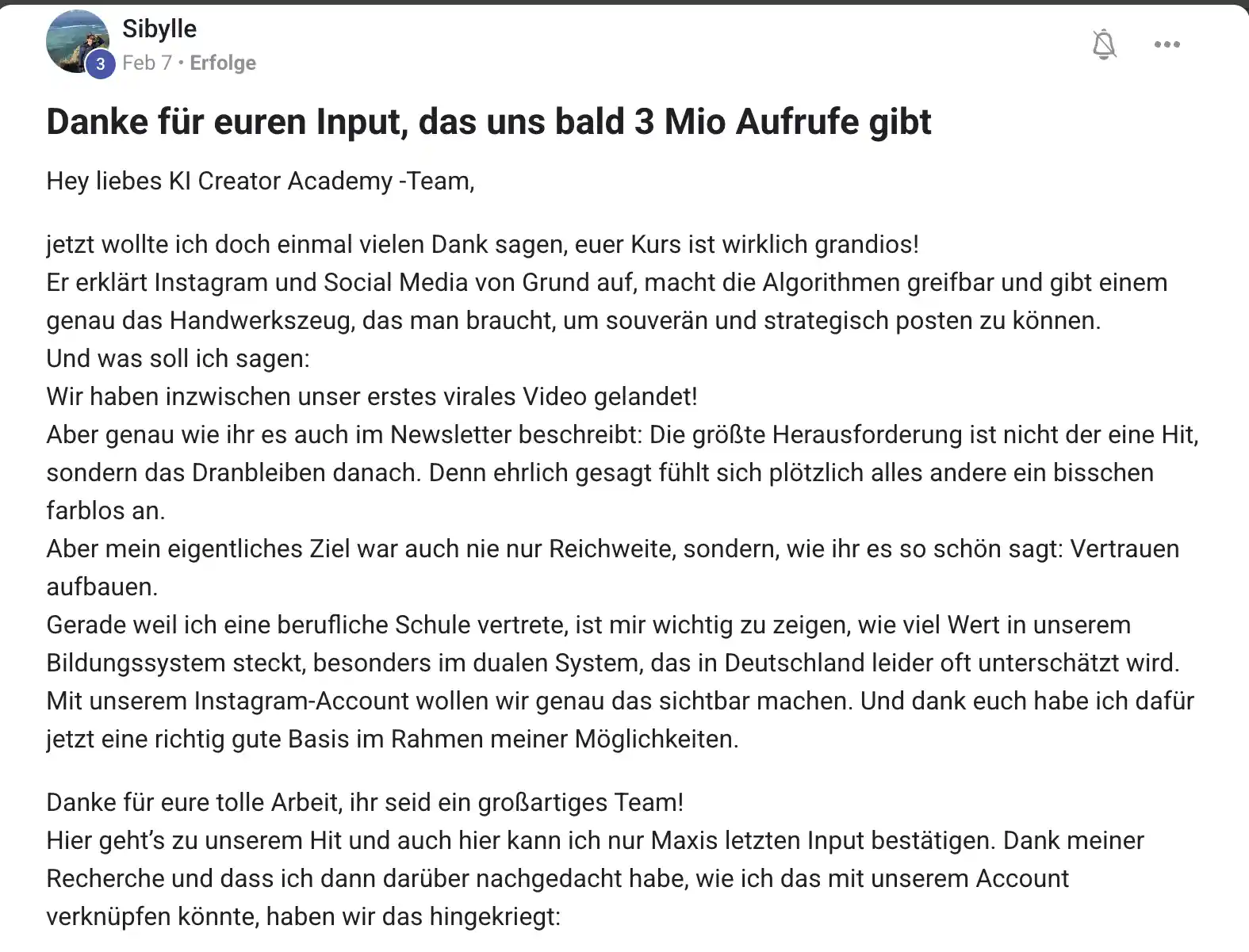 Mitglied der KI Creator Akademie: Lehrerin Sibylle landet virales Video Richtung 3 Millionen Aufrufe