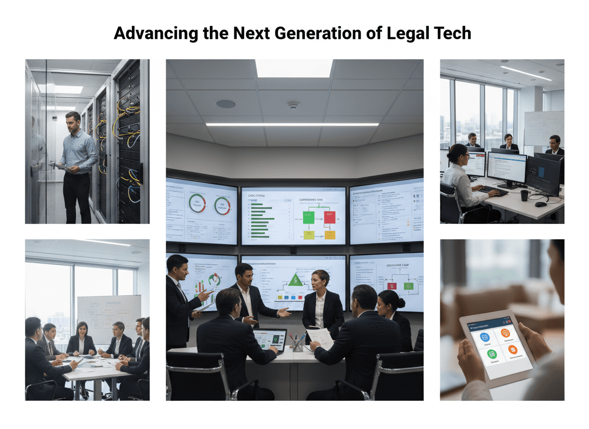 “Legal operations leaders and professionals reviewing real-time legal dashboards in a modern law office advancing next-generation legal technology.”
