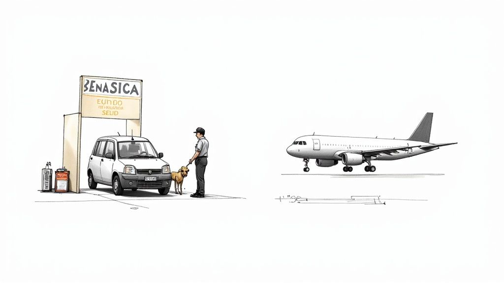 A dog looking out of a car window on a scenic road