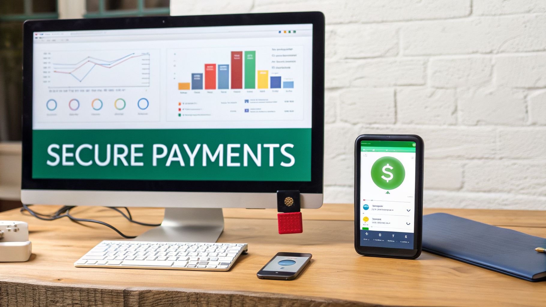 A desktop computer displays 'SECURE PAYMENTS' and data charts, with smartphones on a wooden desk.