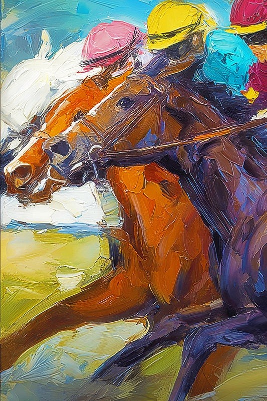 Close-up horse racing painting of jockeys and thoroughbreds in colorful silks battling neck and neck on the track