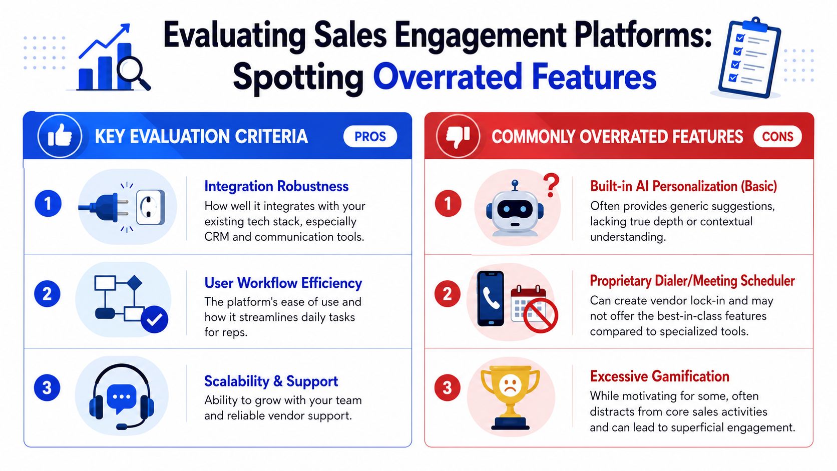 A comparison infographic titled Evaluating Sales Engagement Platforms showing key evaluation criteria and commonly overrated features.
