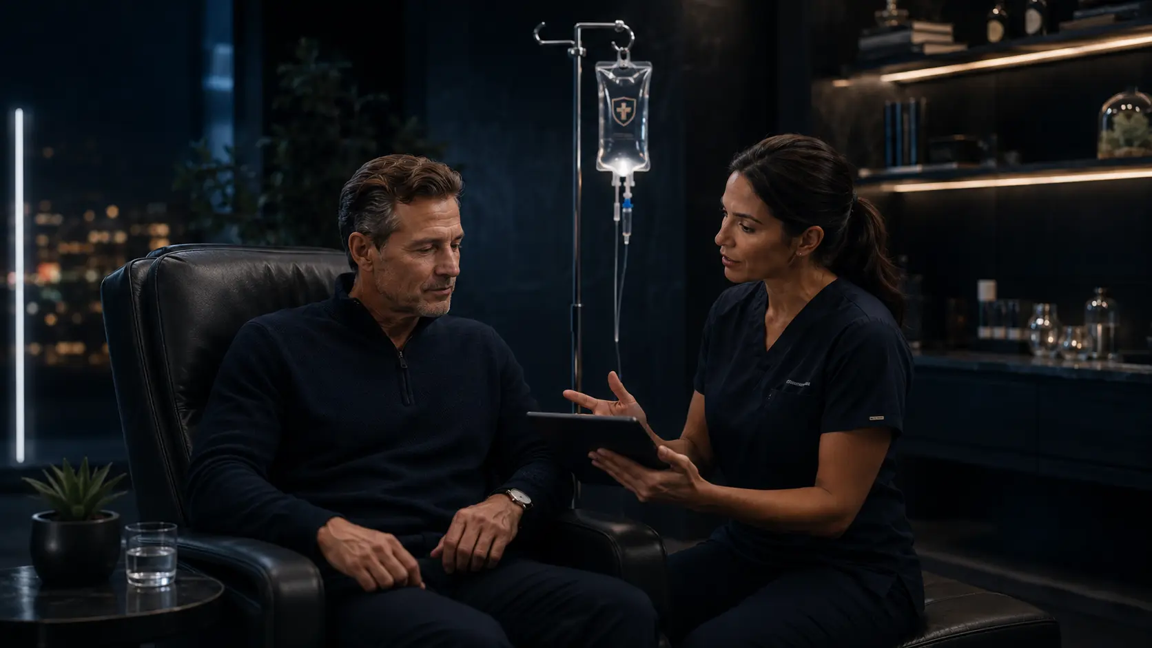 Man consulting with a clinician beside an IV stand