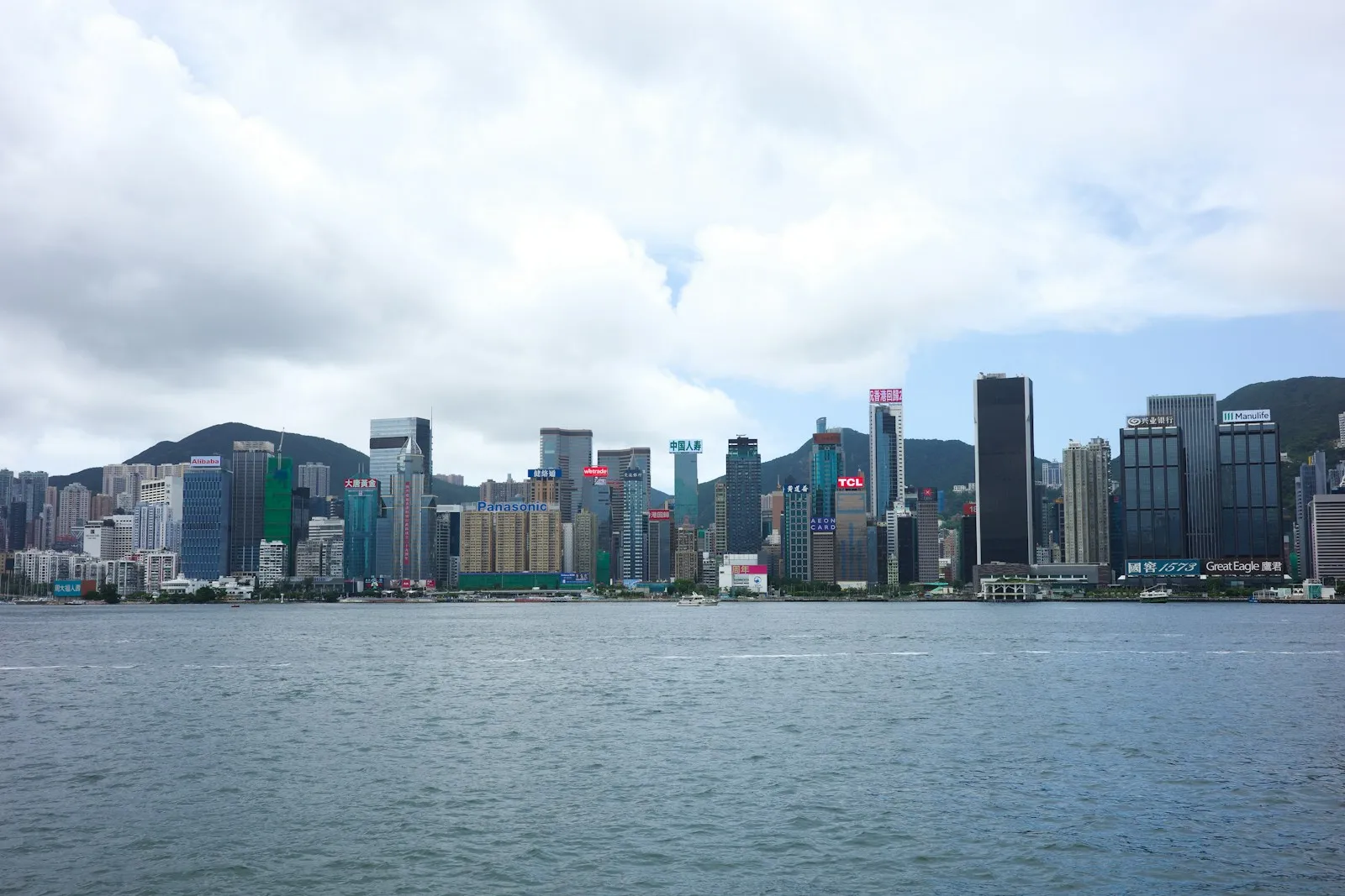 City skyline with skyscrapers across water under a cloudy sky.