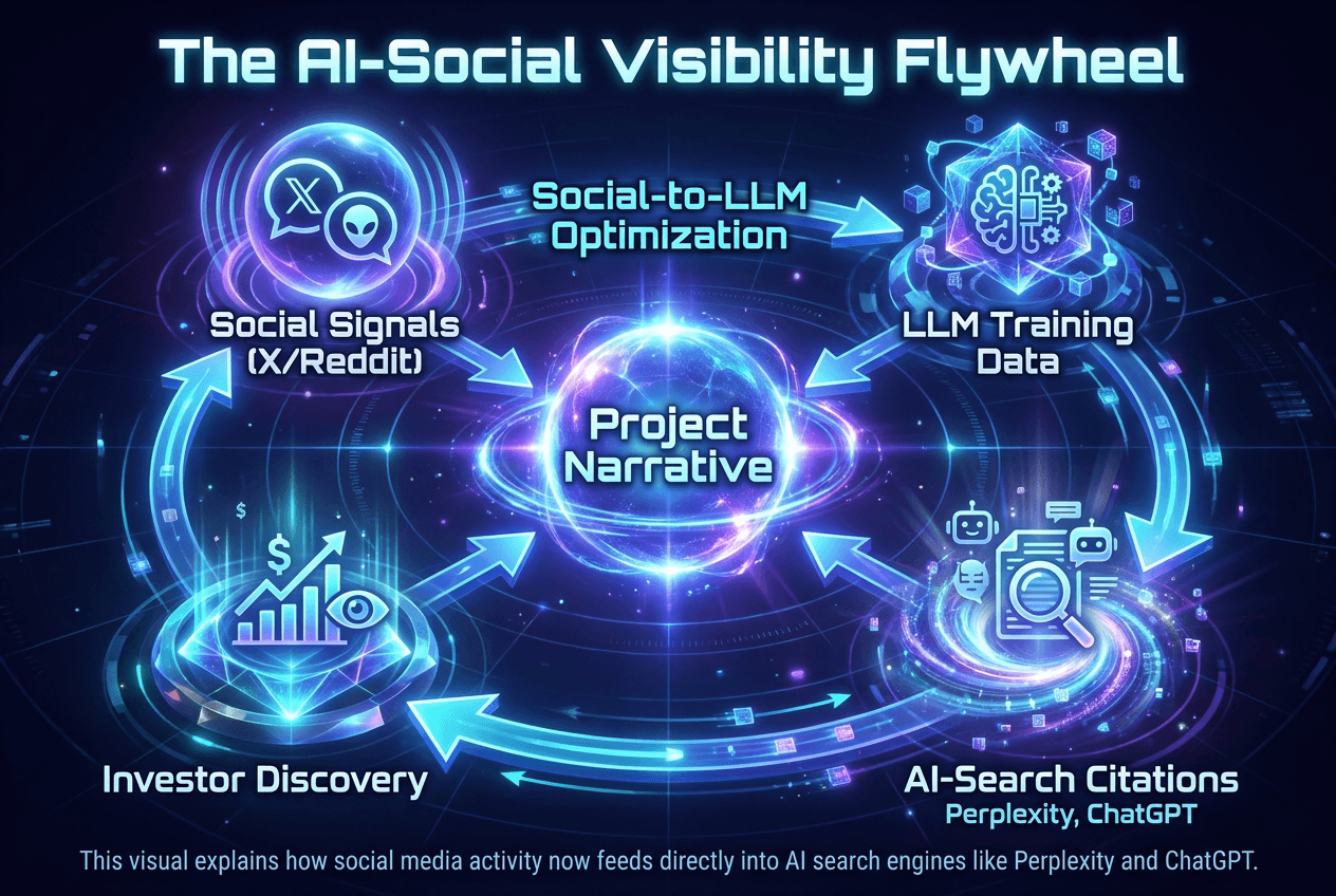 Web3 marketing flywheel diagram showing how social signals on X and Reddit influence AI search citations and investor discovery in 2026.