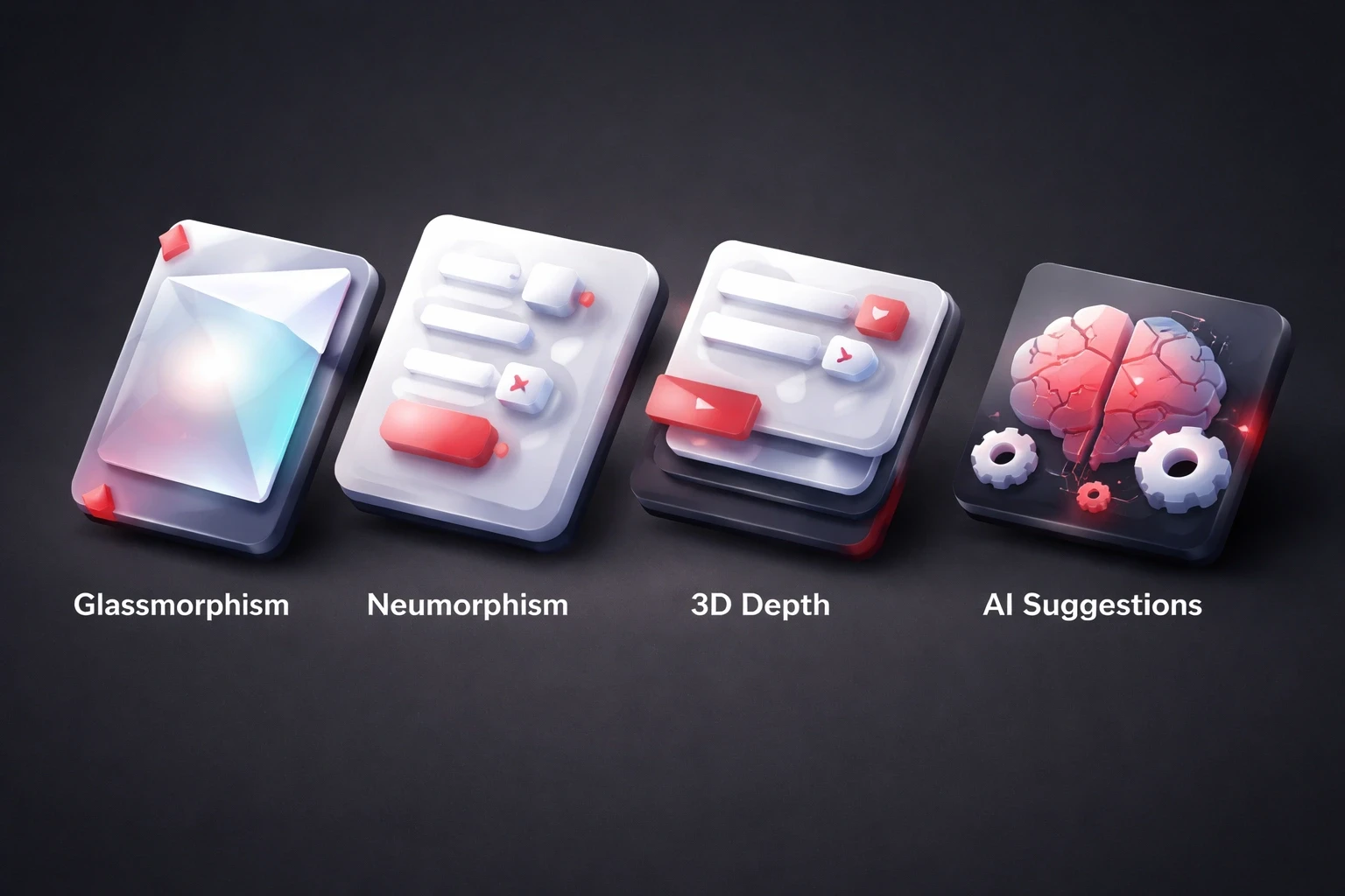 Four isometric low‑poly cards on a dark background, each showing icons for Glassmorphism, Neumorphism, 3D depth effects, and AI‑driven design tools, highlighted with accent red.