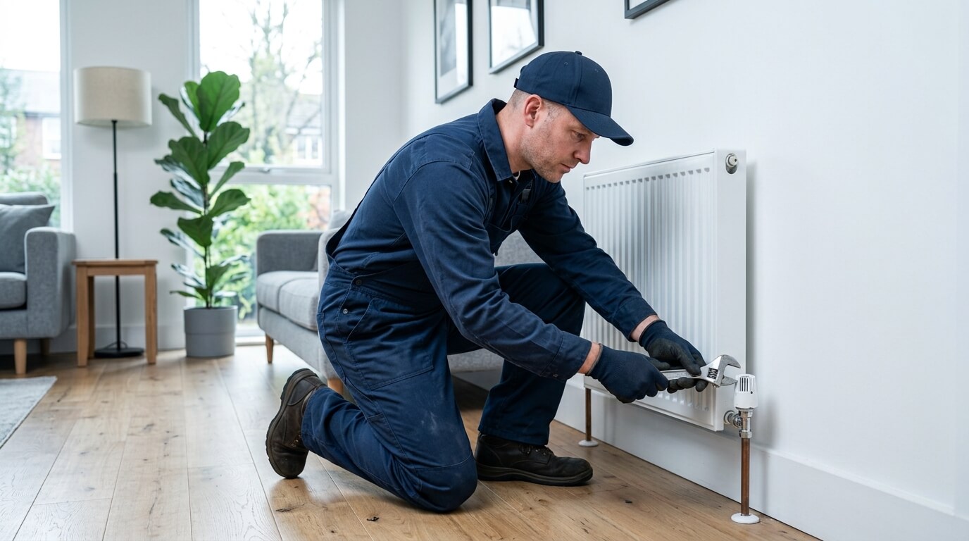 HVAC Tech kneeling to screw heater