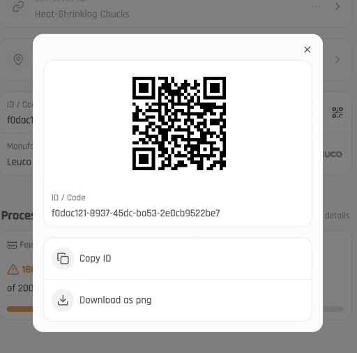 twinio Werkzeugansicht mit QR-Code, Werkzeug-ID und Optionen zum Kopieren oder Herunterladen des Codes.