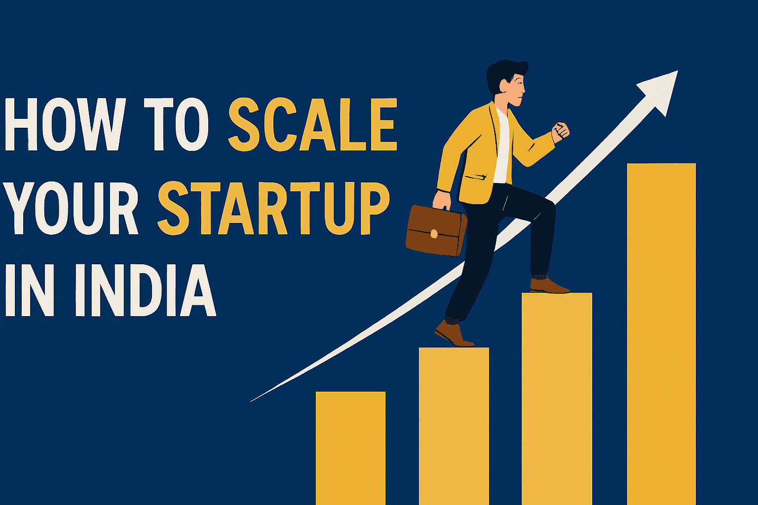 “How to Scale Your Startup in India” — flat-design illustration of a founder climbing ascending yellow bar-chart columns with a growth arrow behind, on a deep blue background; symbolizes GTM strategy, founder-led sales, and team building for early-stage Indian startups.
