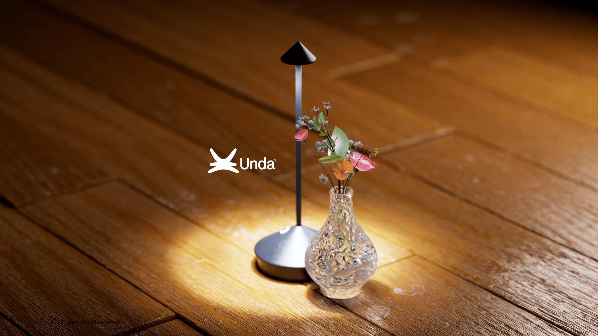 Full-screen 3D scene from the Unda home goods concept store featuring minimal product visualization