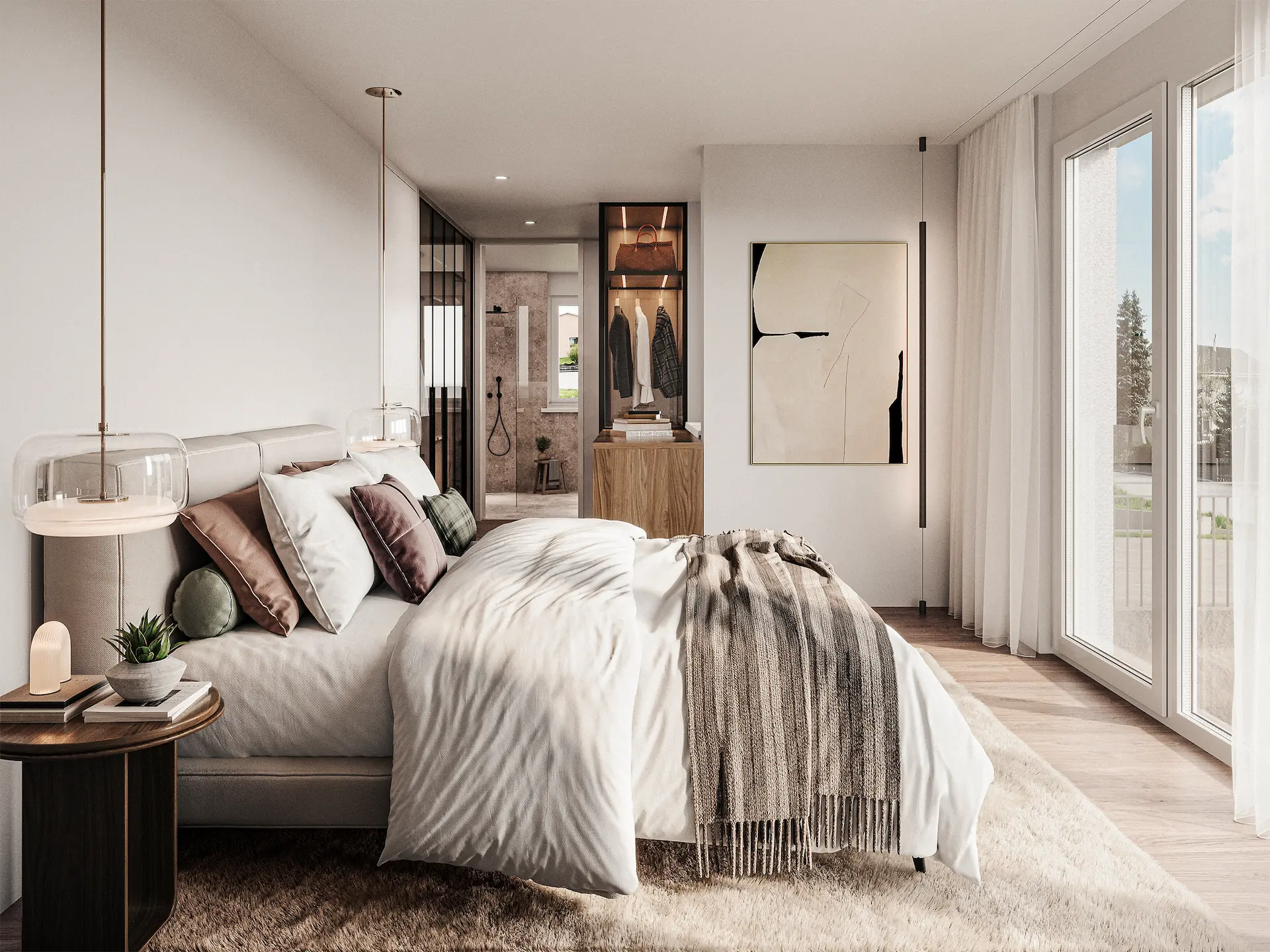 Schlafzimmer mit Ankleidebereich und Sicht ins Badezimmer