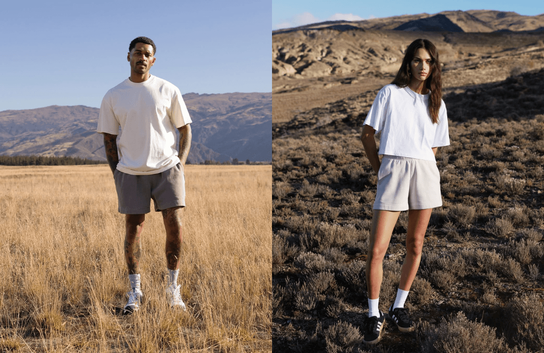 Two images depicting two models standing out in wilderness in boxy tee shirts and shorts.