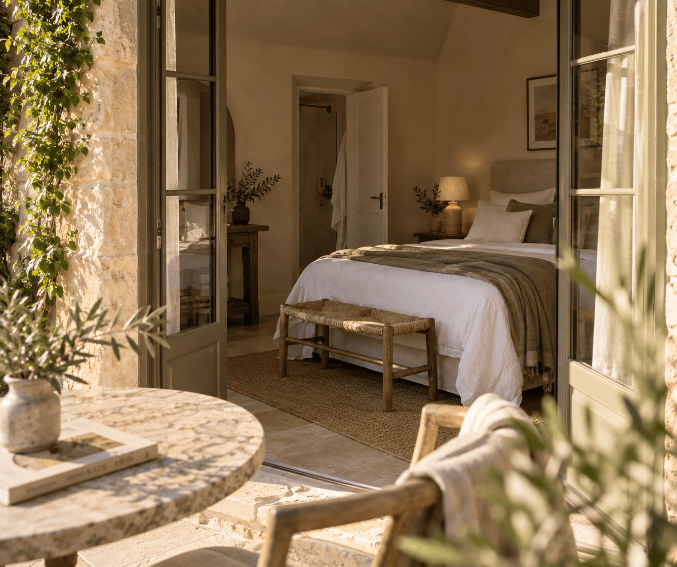 A sunlit stone terrace with two wooden lounge chairs outside a bedroom with open glass doors.