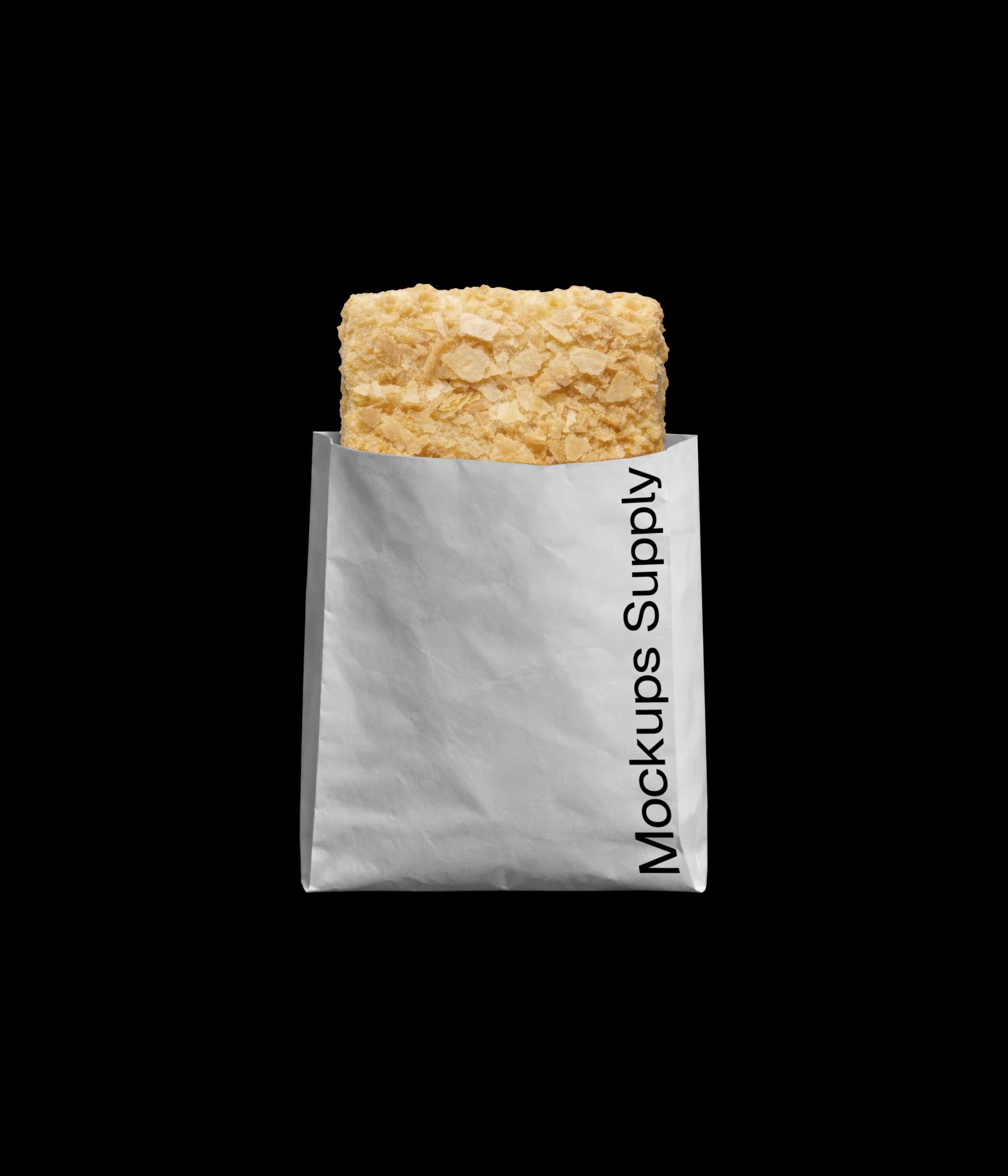 Piece of napoleon cake in white paper bag mockup on dark background for Photoshop