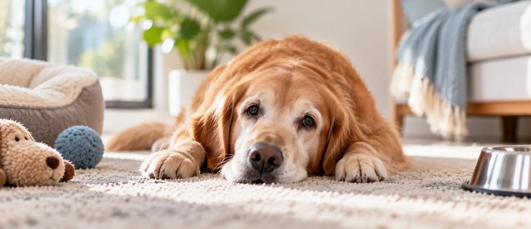 Senior golden retriever lying tiredly on a rug beside a food bowl.