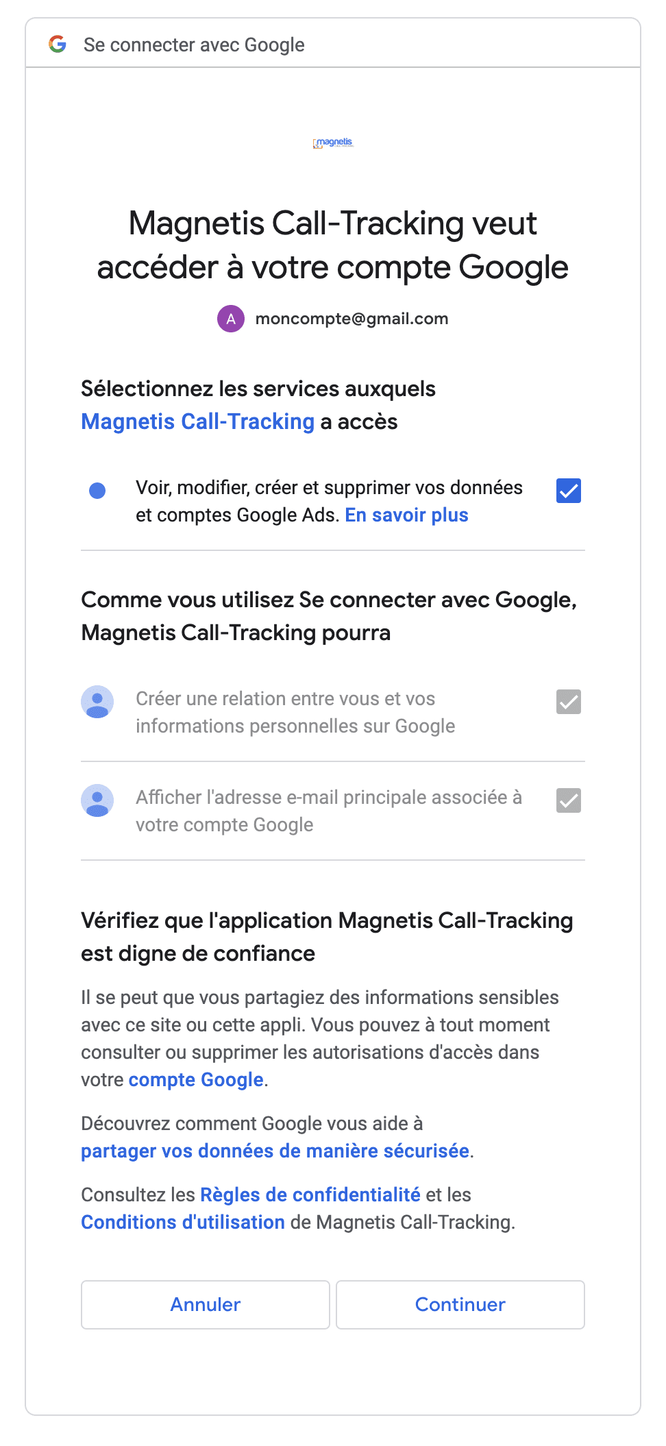 Confirmation des droits Google Ads