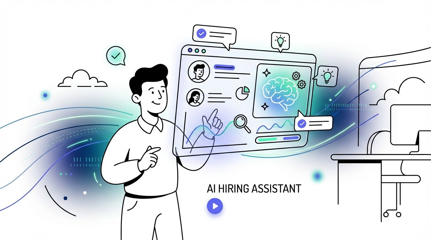 Illustration of a person interacting with a futuristic AI interface displaying candidate data and algorithms, symbolizing AI's role in transforming the hiring process.