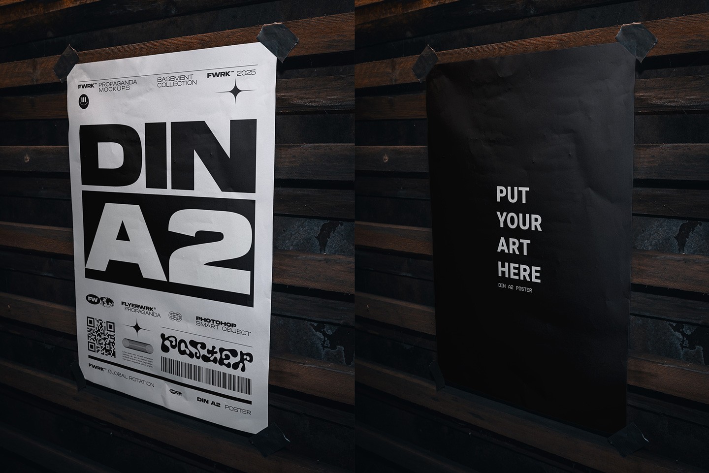 Basement A2 poster mockup taped to gritty wall with duct tape corners