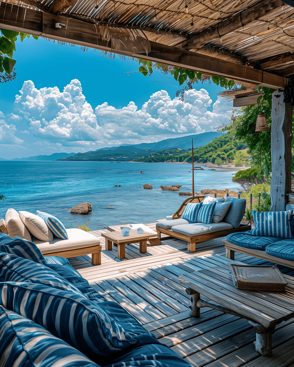 Cozy seaside patio with striped couches overlooks a serene turquoise ocean. Wooden pergola with lush vines, blue sky, and puffy clouds enhance tranquility.