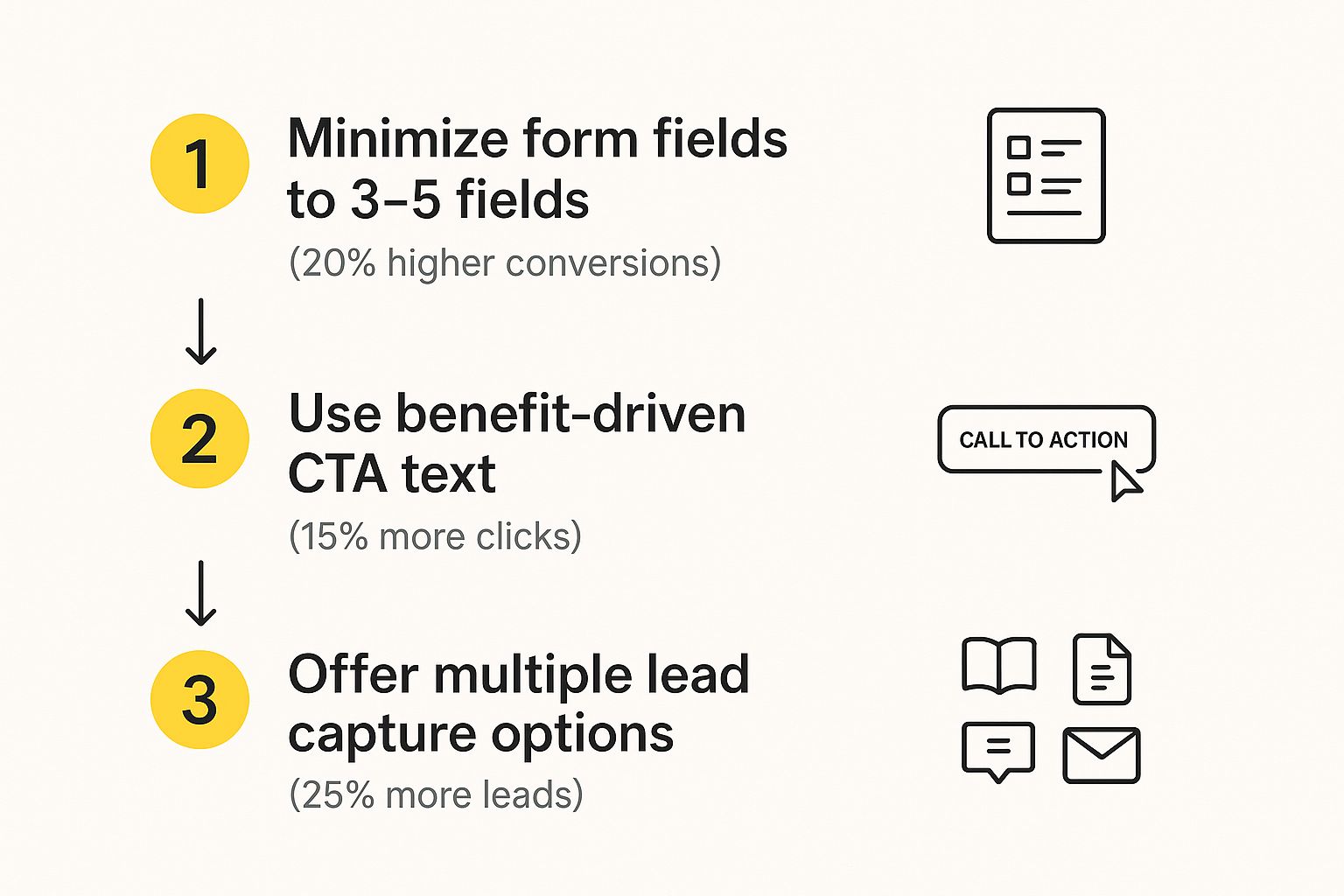 Infographic showing a three-step process for optimising website forms for lead generation.
