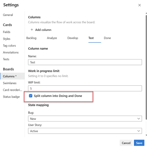 Split column into Doing and Done checkbox with a WIP limit in Azure Boards column settings