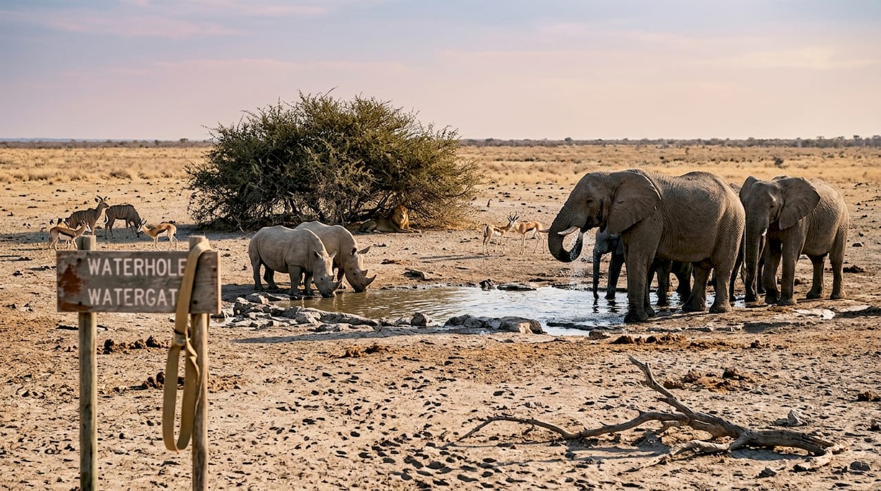 Elephants and rhinos at Etosha waterhole
