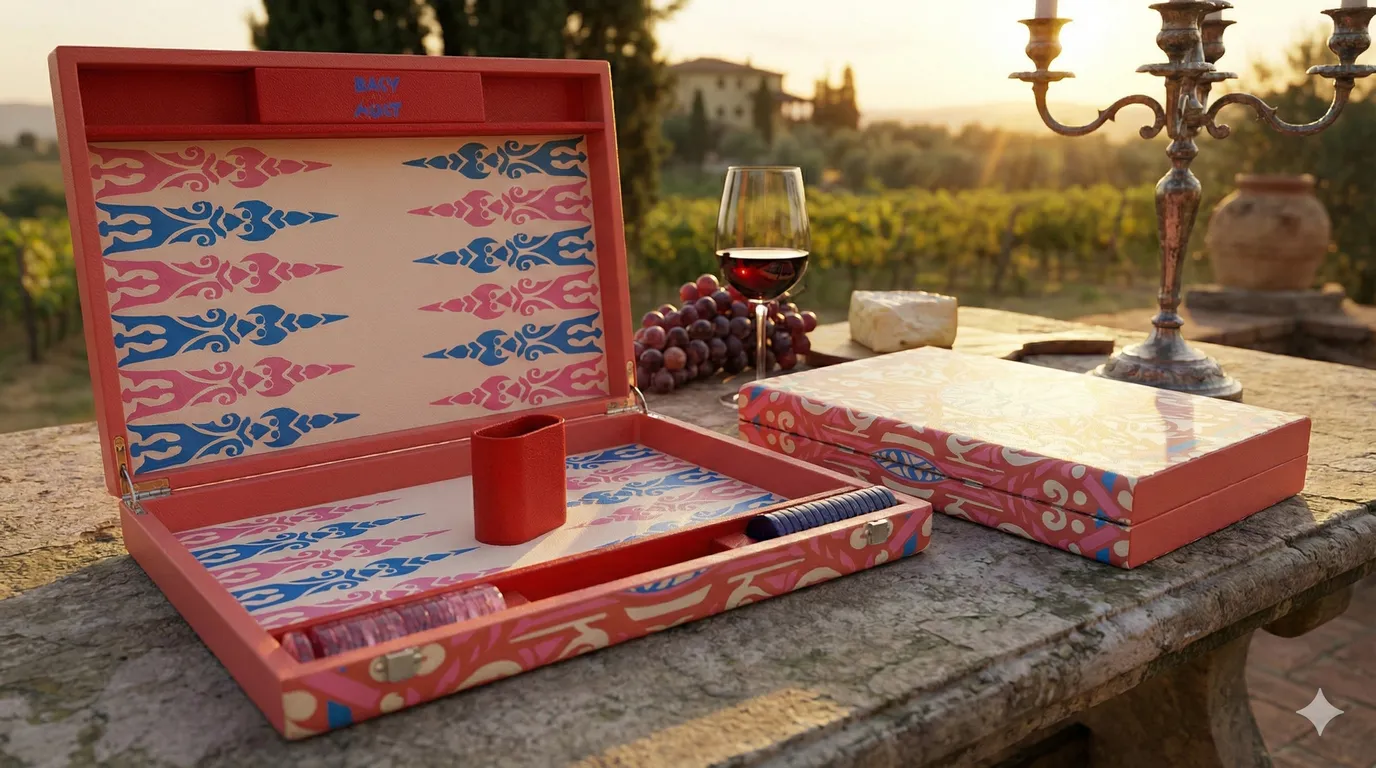 Red and pink "Happy Shesh" backgammon game with original Mediterranean-inspired illustrations, set outdoors with a glass of wine at sunset.