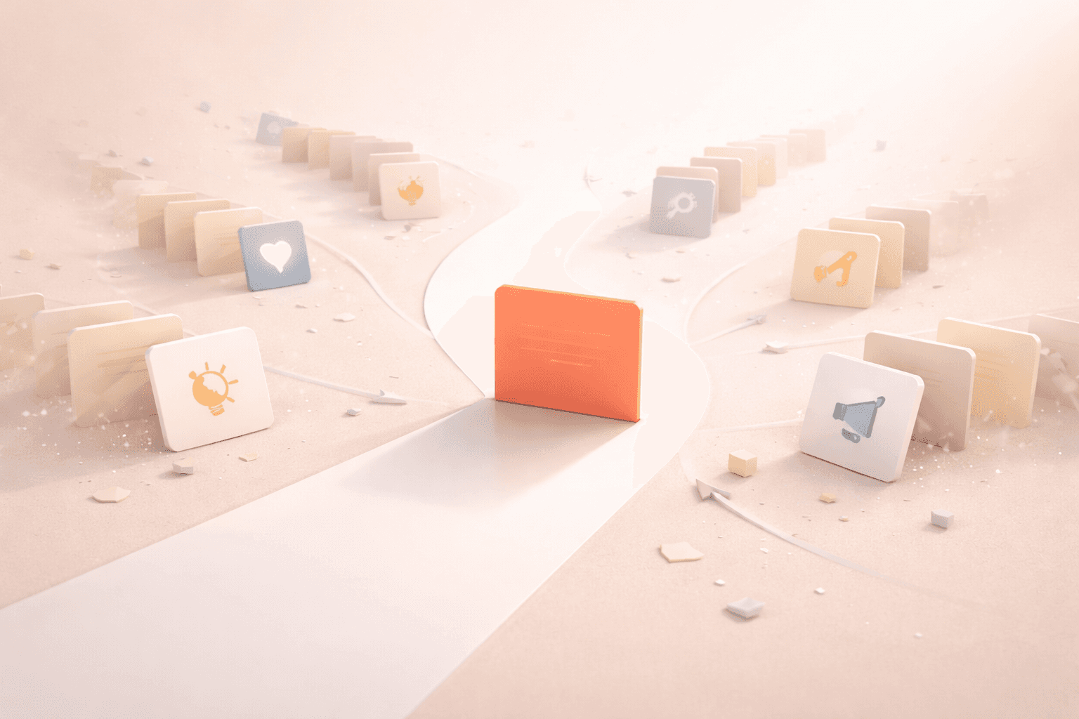 Minimalistische 3D-Illustration einer korallfarbenen Fokuskarte auf einem klaren Mittelpfad, während sich links und rechts mehrere helle Karten mit Symbolen wie Glühbirne, Rakete und Warenkorb auf abzweigenden Wegen verteilen. Viele dieser Nebenpfade verblassen im Hintergrund, während der zentrale Weg ruhig und hell beleuchtet bleibt, um Fokus trotz vieler Möglichkeiten darzustellen.