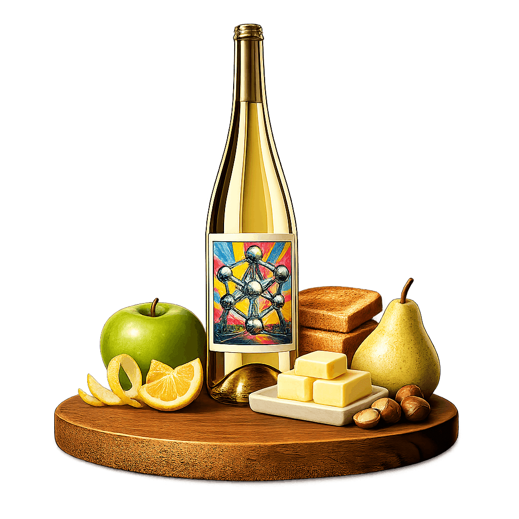 Artistic label and flavor profile for Belgian Chardonnay on a rustic wooden table.