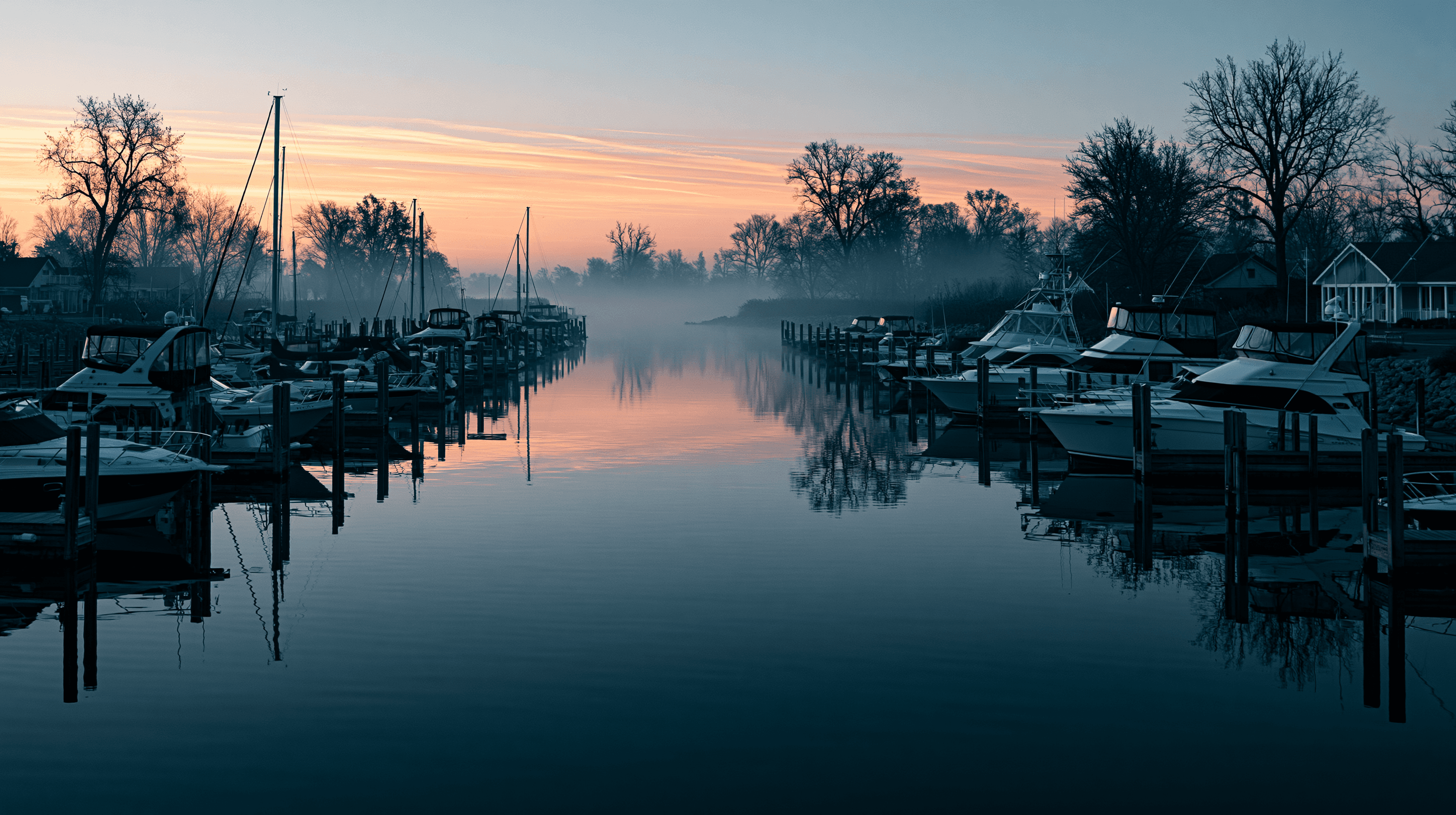 Harrison Township marina at sunrise on Lake St. Clair
