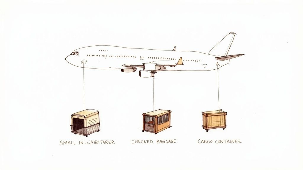 A golden retriever sitting calmly inside an airline-approved travel crate, ready for its journey.