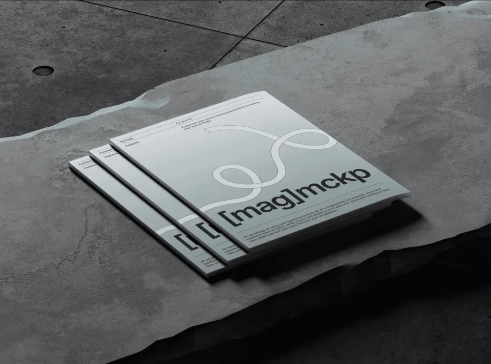 Stack of minimalist magazines with light gray-blue covers featuring abstract line art and bold typography. Displayed on a textured stone surface in a moody, industrial setting with soft shadows.